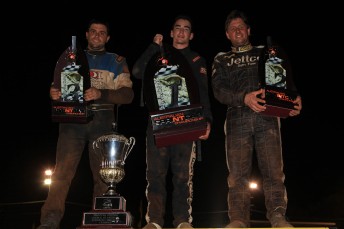 Podium_IMG_1948 McFadden flanked by Jamie Maiolo (left) and Stephen Bell (right) on the podium in Darwin. Pic: Paul Carruthers