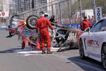 thumb Ricky Taylor emerges from his Fujitsu Racing wreck at the Gold Coast yesterday