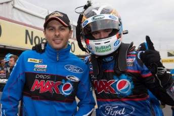 Steve Owen (left) and Will Davison celebrate pole position