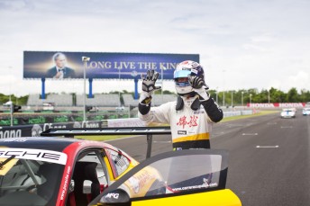 Chris van der Drift celebrates his sixth consecutive Carrera Cup Asia win