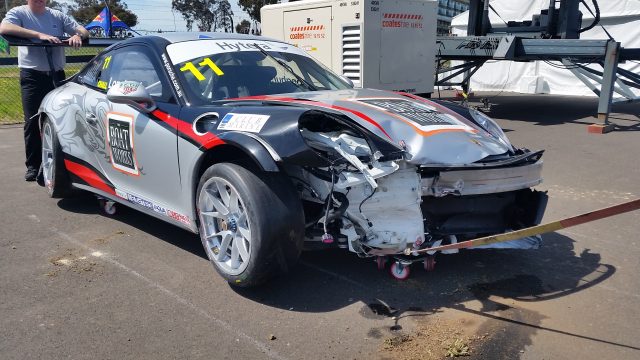 Heavy damage to Longhurst's Porsche has ended his weekend