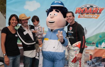 roary Comedian Paul McDermott and his family with Roary character 'Big Chris' and Craig Lowndes