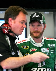 59502785 Dale Earnhardt Jr and crew chief Lance McGrew are working hard on getting the biggest name in the sport back to the top