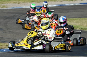 thumb Matt Wall leading Kel Treseder during round three of the CIK Stars of Karting Series at Eastern Creek. Pic: photowagon.com.au