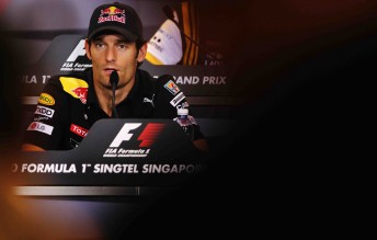 car Mark Webber attends the driver's press conference for the Singapore Formula One Grand Prix at the Marina Bay Street Circuit in Singapore