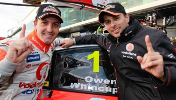 thumb jamie Whincup and Steve Owen celebrate pole position for tomorrow's L&H 500 at Phillip Island