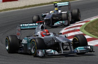 thumb Mercedes pair Michael Schumacher and Nico Rosberg raced each other hard in Spain