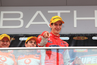 thumb Nick Percat celebrates his Bathurst 1000 win on the Mount Panorama podium