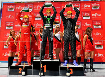 PODIUM Jack Perkins, Andrew Thompson and Chaz Mostert celebrate on the Sandown podium. Perkins says that there should be two races and two podiums each event