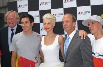 th From left: Ron Walker, Rick Kelly, Kate Peck, Andrew Westacott and Jackson Strong at today's launch
