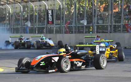 car While James Winslow led from the front, John Magro and Jordan Skinner collide in the backgroundMorris