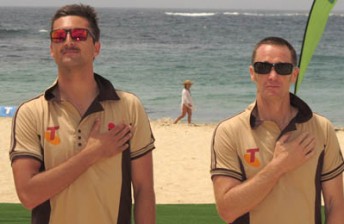 thumb Fabian Coulthard and Greg Murphy during a beach cricket match in Sydney last year. The pair will become team-mates for the V8 SuperTourers endurance races later this year