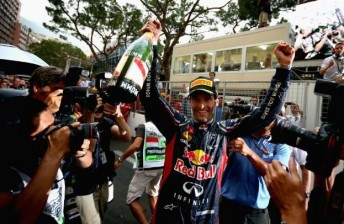 thumb Mark Webber celebrates his second Monaco success