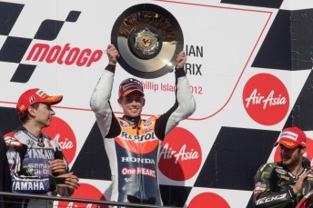 thumb Australian MotoGP winner Casey Stoner on the podium with Jorge Lorenzo (left) and Cal Crutchlow (right)
