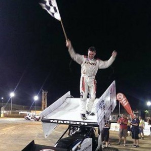 Kerry Madsen does a wing dance after his Krikke Boys Shootout dominance