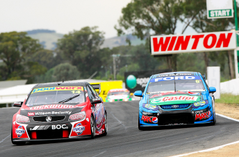 Fabian Coulthard passes Chaz Mostert at Turn 3