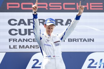 Ben Barker celebrates after taking victory in the Carrera Cup Le Mans curtain-raiser