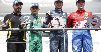 Sainz Jr celebrates on the podium