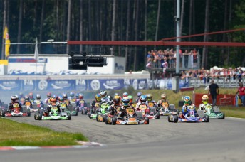 The start of the Final at the opening European KZ2 championship round at Genk in Belgium last month with eventual winner Andrea Dale (CRG/Maxter/Bridgestone #369) leading the way. Pic: Fast Company/CIK-FIA