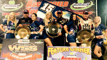 Donny Schatz (centre) celebrates World Series Sprintcar win at Archerfield Speedway