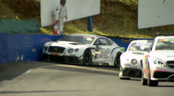 David Brabham's Flying B Bentley smacks the fence at The Cutting after being hit by Stefan Mucke