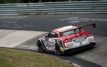 A GT-R GT3, similar to the one that crashed, competing at the Nurburgring