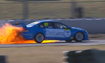 Paul Morris' Ford Falcon erupted in flames in the second Dunlop Series practice session