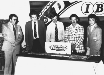 Moreton Shire Council Chairman Neil Russell (centre) attends a media conference at the Queensland Drag Racing Association clubrooms on December 16, 1981, to announce the construction of Willowbank Raceway, accompanied by (from left) Keith White, John Winterburn, QDRA president and founding Willowbank board member Pat Kiely and Dennis Syrmis
