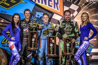 Brad Sweet celebrates victory with Kasey Kahne and Kraig Kinser