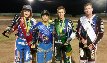 2016 Australian Under 21 Speedway Solo Championship finalists, from left: Brady Kurtz (second), Jack Holder (first), Max Fricke (third) and Jake Allen (fourth). pic: Gillman Media