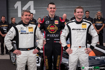 Schneider with Cindric and Engel in the Bathurst pitlane