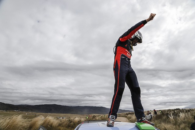 On top of his game … Hayden Paddon rides the tide of emotion after winning Rally Argentina with compatriot Kiwi co-driver John Kennard and becoming the first New Zealanders to win at WRC level