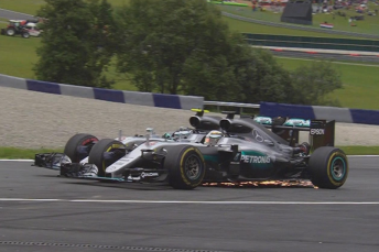 Nico Rosberg and Lewis Hamilton collide on the final lap. Pic F1 Twitter