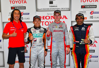 Stoffel Vandoorne (centre) celebrates victory at Okayama pic: Super Formula Facebook