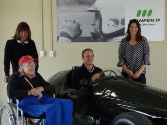 Tish Amon, with Bruce Wilson, James Amon (sitting in his dad's ex-Maserati 250F and Georgie Amon