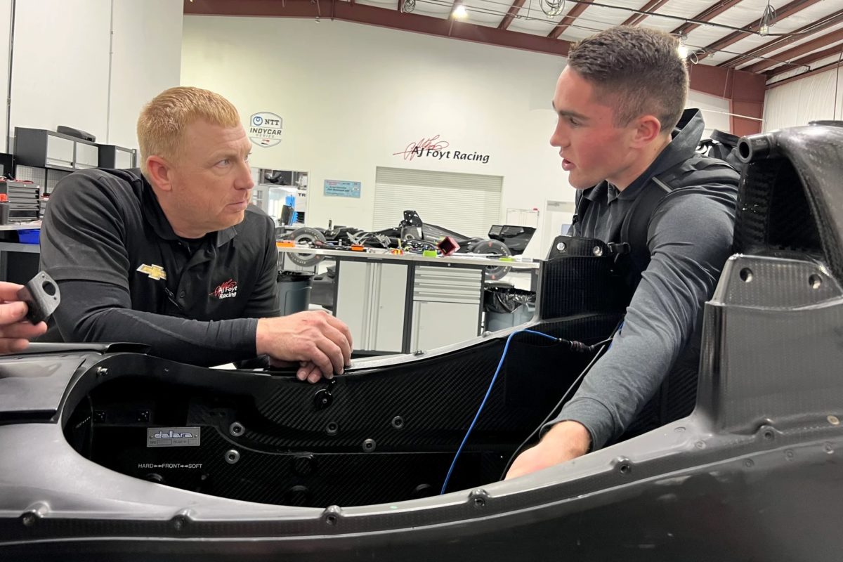 Benjamin Pedersen (right) with his crew chief Heath Huddleston at the Foyt workshop in Indianapolis