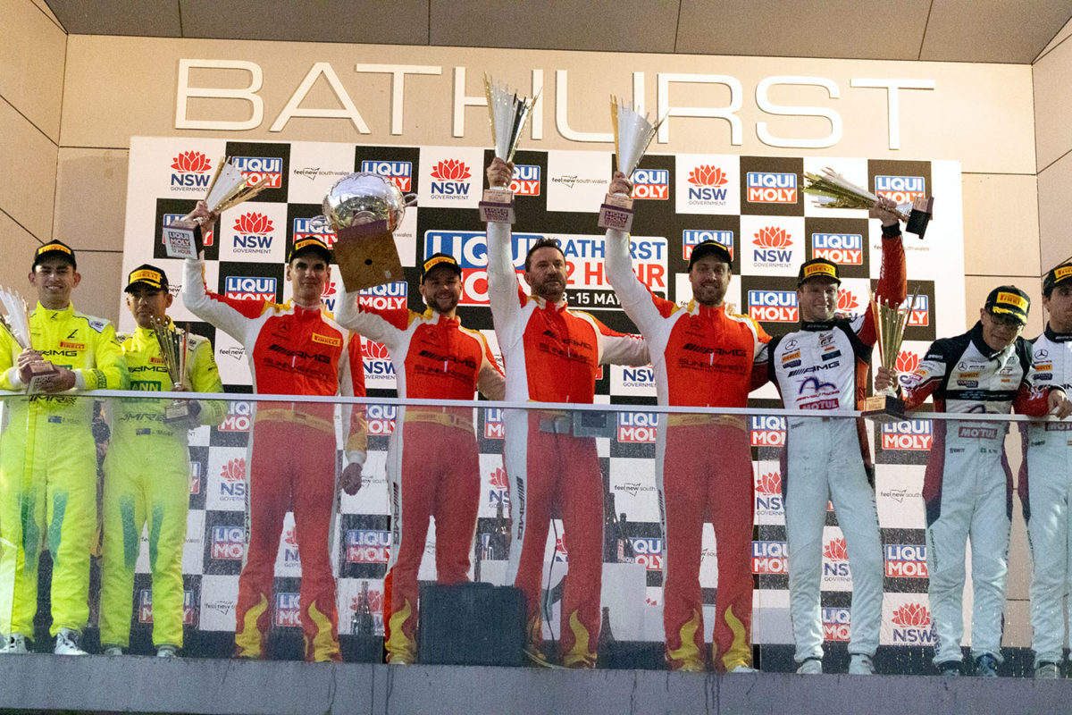 The SunEnergy1 crew celebrates its 2022 Mount Panorama victory